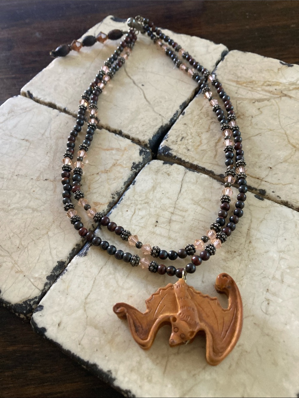 Original Handcrafted Art Brn/Blk/Blush Beaded Bat Pendant Dbl Layer Necklace
